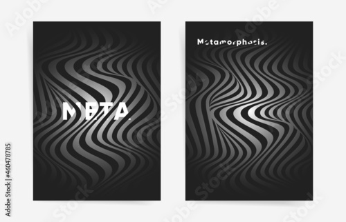 Geometric halftone gradients templates set. Minimal black cover design backgrounds. Abstract waves and lines. Vector illustration 