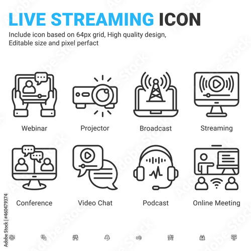 Vector live streaming icons vector with outline color style isolated on white background. Stream broadcast, online meeting zoom, internet conference, podcast, chat recording a webinar sign symbol icon