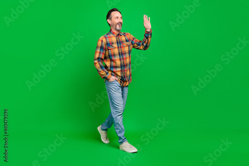 Full length body size view of attractive cheerful man strolling waving hi isolated over bright green color background