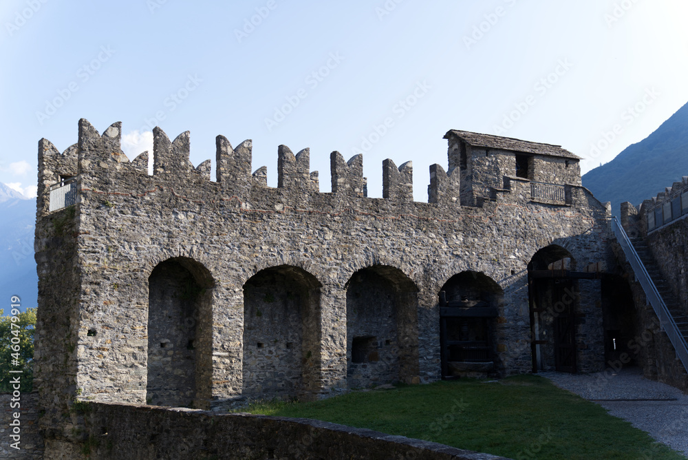 UNESCO World Heritage castle Montebello at City of Bellinzona on a sunny morning. Photo taken September 12th, 2021, Bellinzona, Switzerland.
