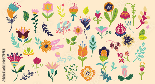 Big set flowers elements in flat doodle style. 