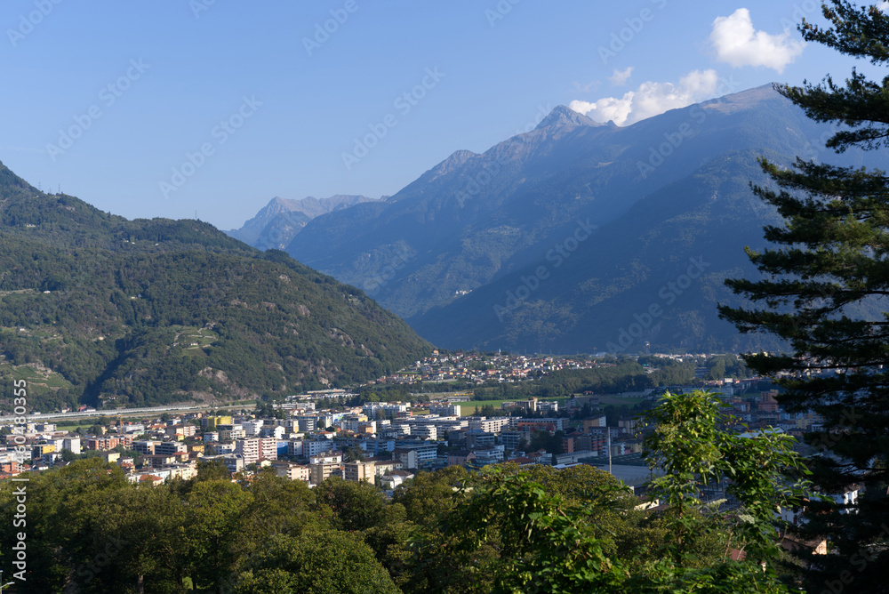 Beautiful panoramic mountain view from Bellinzona, Canton Ticino, to the Swiss alps and Leventina valley. Photo taken September 12th, 2021, Bellinzona, Switzerland.