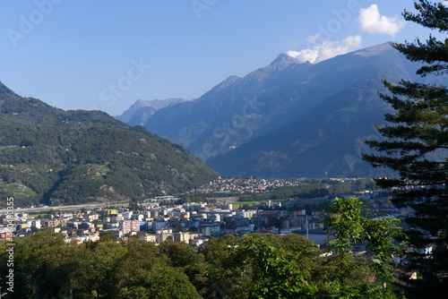 Beautiful panoramic mountain view from Bellinzona, Canton Ticino, to the Swiss alps and Leventina valley. Photo taken September 12th, 2021, Bellinzona, Switzerland.