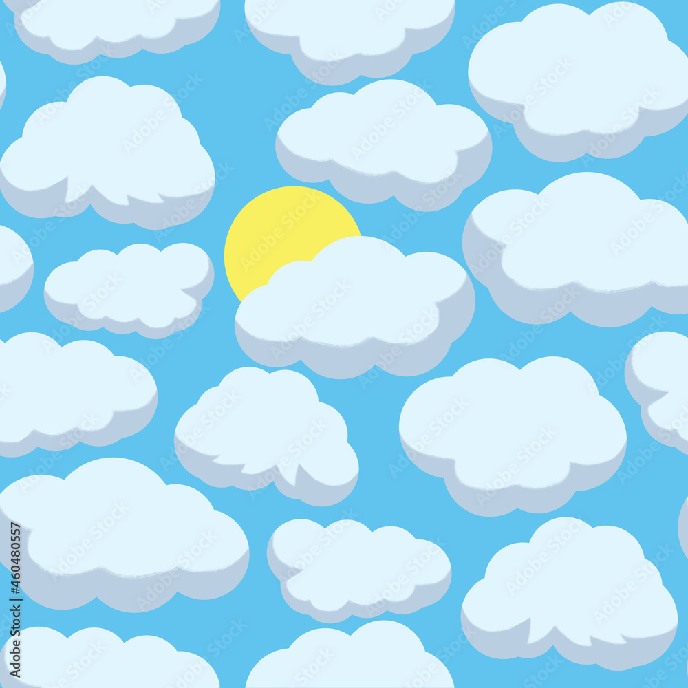 Hand drawn illustration. Cute clouds with sun in the sky. Seamless pattern. Clouds in cartoon style. Illustration for posters, cards, stickers and notebook covers design.