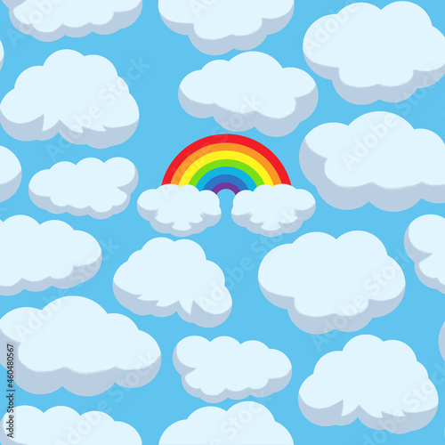 Hand drawn illustration. Cute clouds with rainbow in the sky. Seamless pattern. Clouds in cartoon style. Illustration for posters, cards, stickers and notebook covers design.