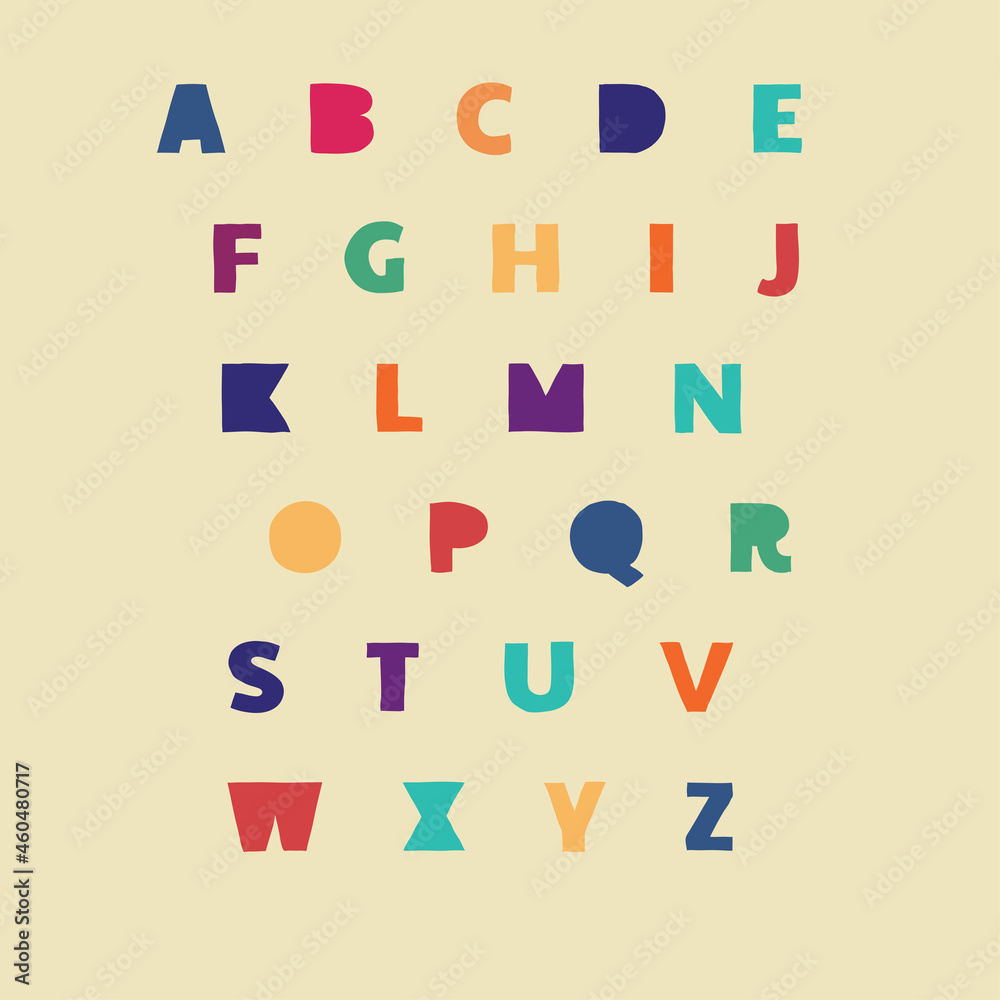 Alphabet hand drawn letters in folk style. ABC . Color font, typography set. Bold type capital letters . Isolated symbols Alphabet hand drawn letters in folk style. ABC . Color font, typography set. Bold type capital letters . Isolated symbols