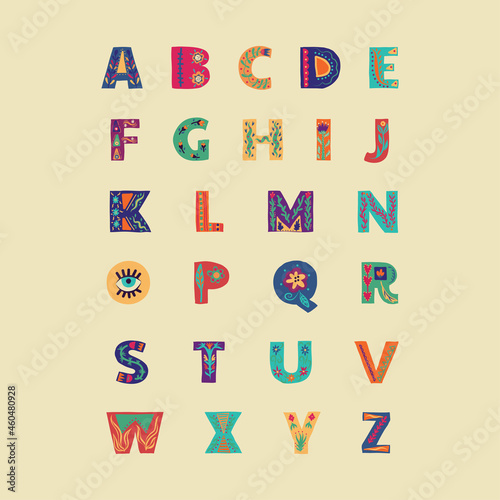 Alphabet hand drawn letters in folk style. ABC with floral ornament. Color font, typography set. Bold type capital letters with ethnic decorative leaves, flowers. Isolated symbols