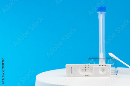 Express antigen test for coronavirus covid 19 self-check at home. Laboratory card corona rapid test device. Negative result. Set with medical swab nose sticks, tube 