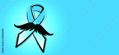 Men's health awareness, blue ribbon ( mustache ), medical symbol for prostate cancer month in november. Vector banner. No shave or shaving moustache, mustache or beard men face. 