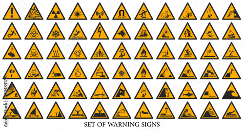 Collection of warning signs. Set of safety signs. Caution signs. Signs of danger and alerts. Iso colours