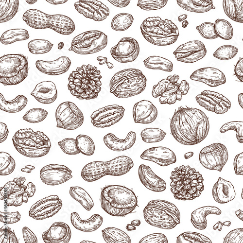 Seamless pattern with nuts. Sketch background with peanuts, walnuts, coconut, macadamia, pistachio, hazelnuts.