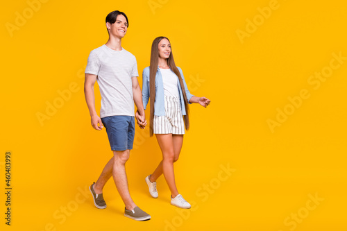 Full length body size view of attractive cheery couple spending free time day going isolated over bright yellow color background #460483993
