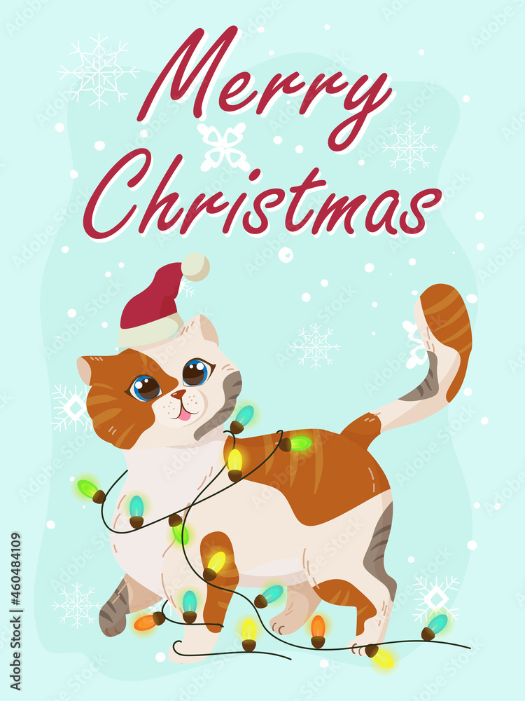 Greeting card with a cute kitten for Christmas and New Year. Congratulations on the holidays. Winter vector illustration isolated on white background. Greeting card with a cute kitten for Christmas and New Year. Congratulations on the holidays. Winter vector illustration isolated on white background.