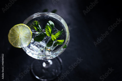 Gin tonic in cocktail glass with ice, mint leaves and lime on a dark rustic board