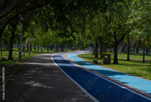 Beautiful scenery horizontal shot of cycle path painted in blue in Kepong public park, Kuala Lumpur, Malaysia.