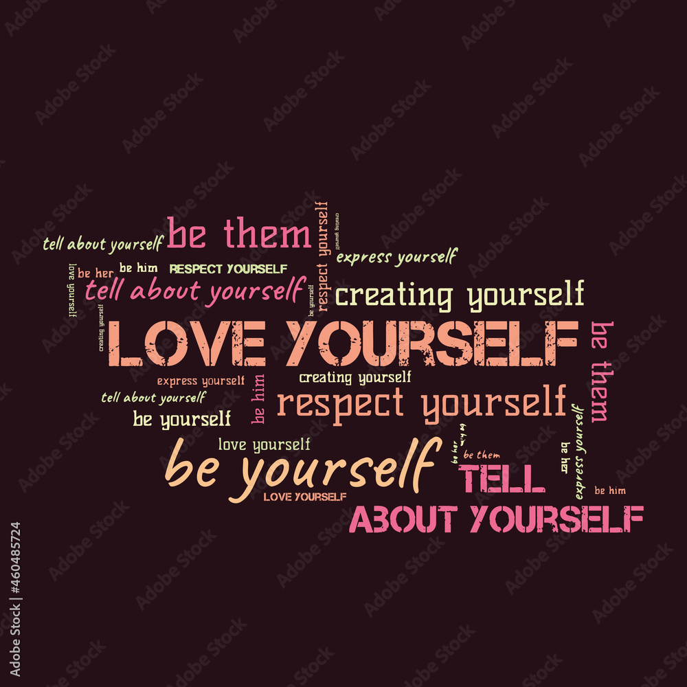 A word cloud on the topic of self-identification, feelings for yourself, motivation.