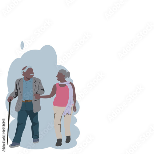 Front view of a bald old man no face in a suit He walked with his widowed wife wearing a pink tank top and long pants.Vector isolate flat design concept for love forevermore ,warm family or Valentine