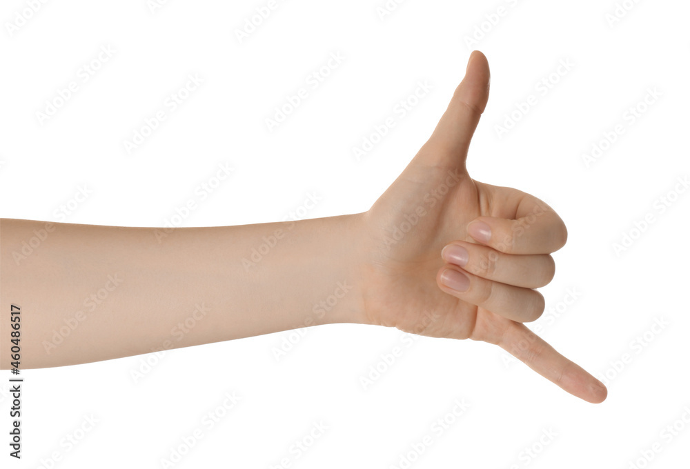 Woman showing shaka gesture isolated on white, closeup
