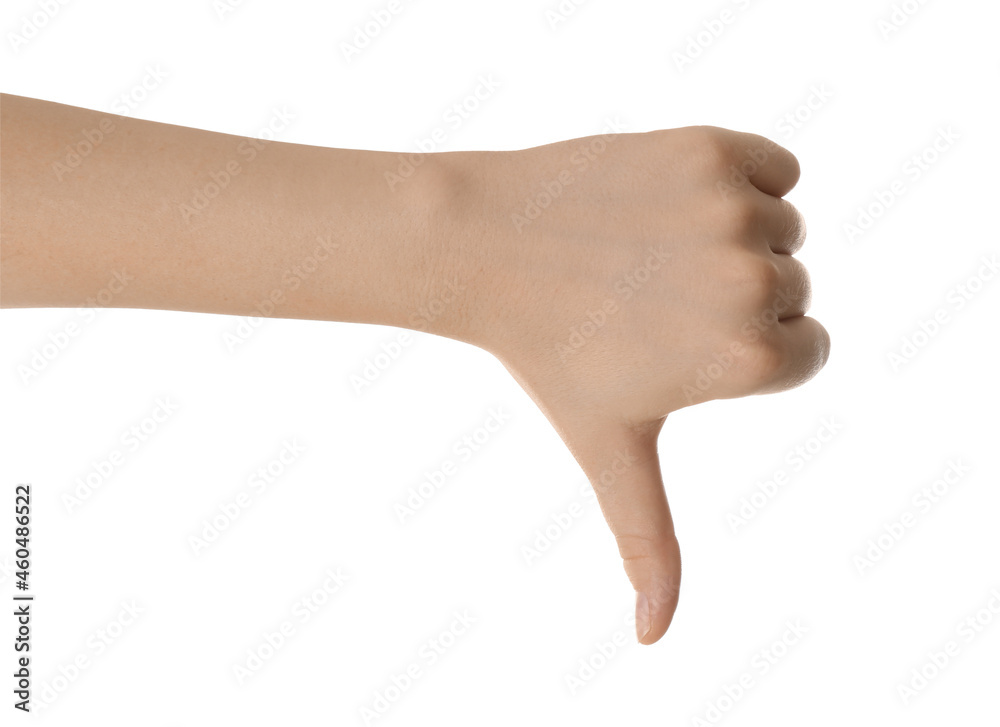 Woman showing thumb down isolated on white, closeup Woman showing thumb down isolated on white, closeup