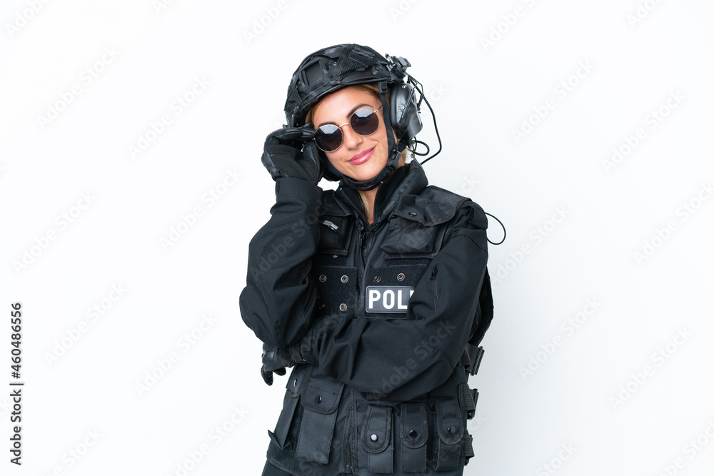 SWAT caucasian woman isolated on white background with glasses and happy SWAT caucasian woman isolated on white background with glasses and happy