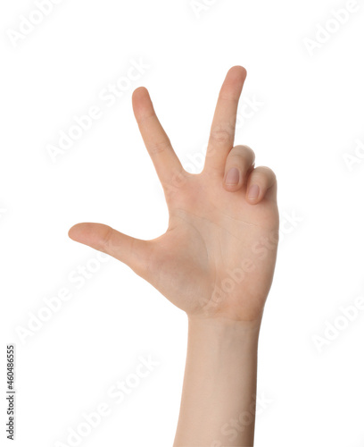 Woman showing three fingers isolated on white, closeup