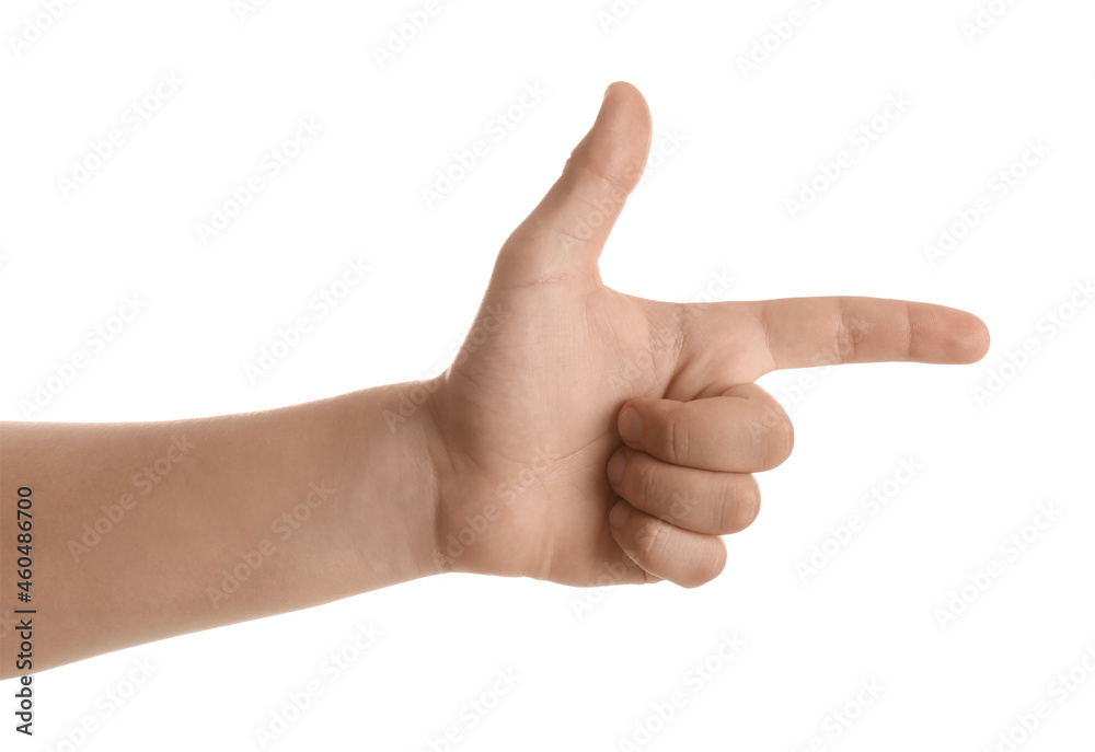Teenage boy pointing at something on white background, closeup Teenage boy pointing at something on white background, closeup