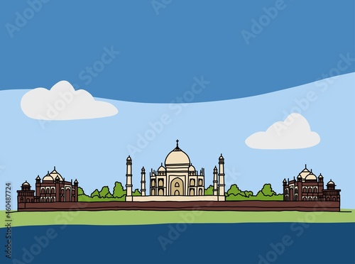 hal in Agra, India, outline doodle drawing on white background.
