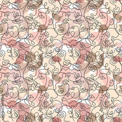 Camouflage seamless pattern with the face of a woman and a man drawn in one line. Seamless background camouflage