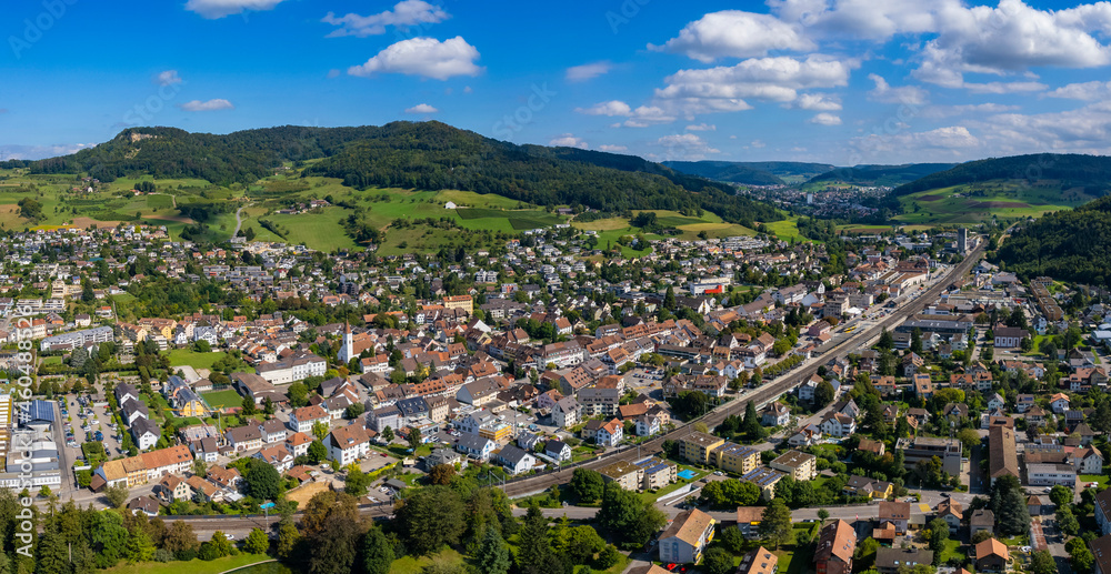 Aerial view of the city Sissach in Switzerland on a sunny day in summer.