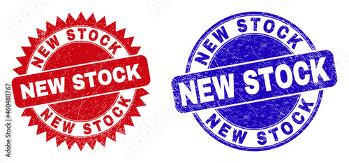 Round and rosette NEW STOCK seal stamps. Flat vector scratched seal stamps with NEW STOCK text inside round and sharp rosette shape, in red and blue colors. Rubber imitations with grunged surface, photo