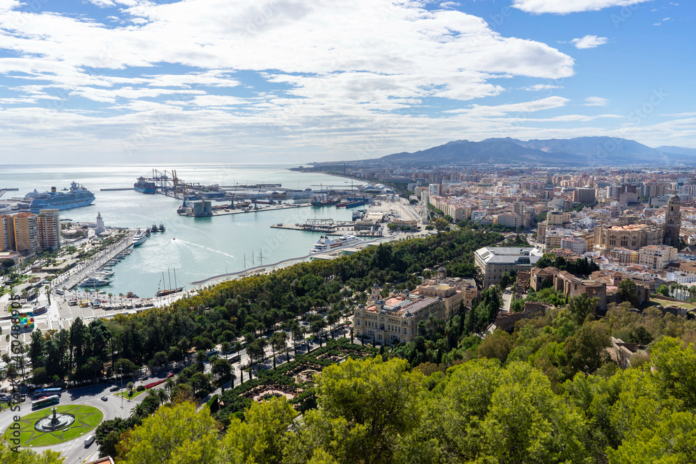 Panoramic view of the port of Malaga from the Gibralfaro Castle