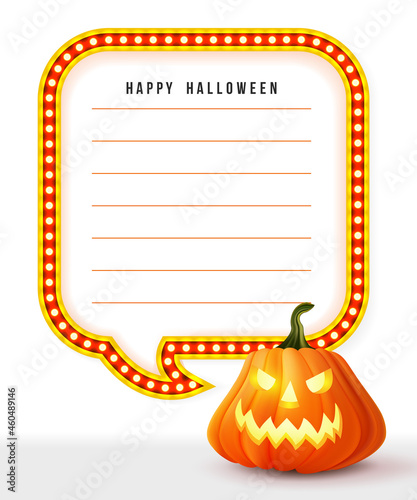 Happy halloween 3D realistic scary jack lantern and neon Circus lights frame memo template