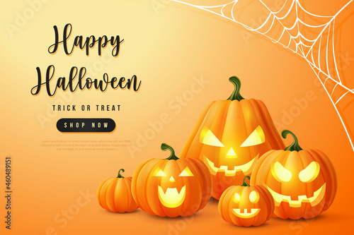 Happy halloween 3D realistic scary jack lantern and spider web