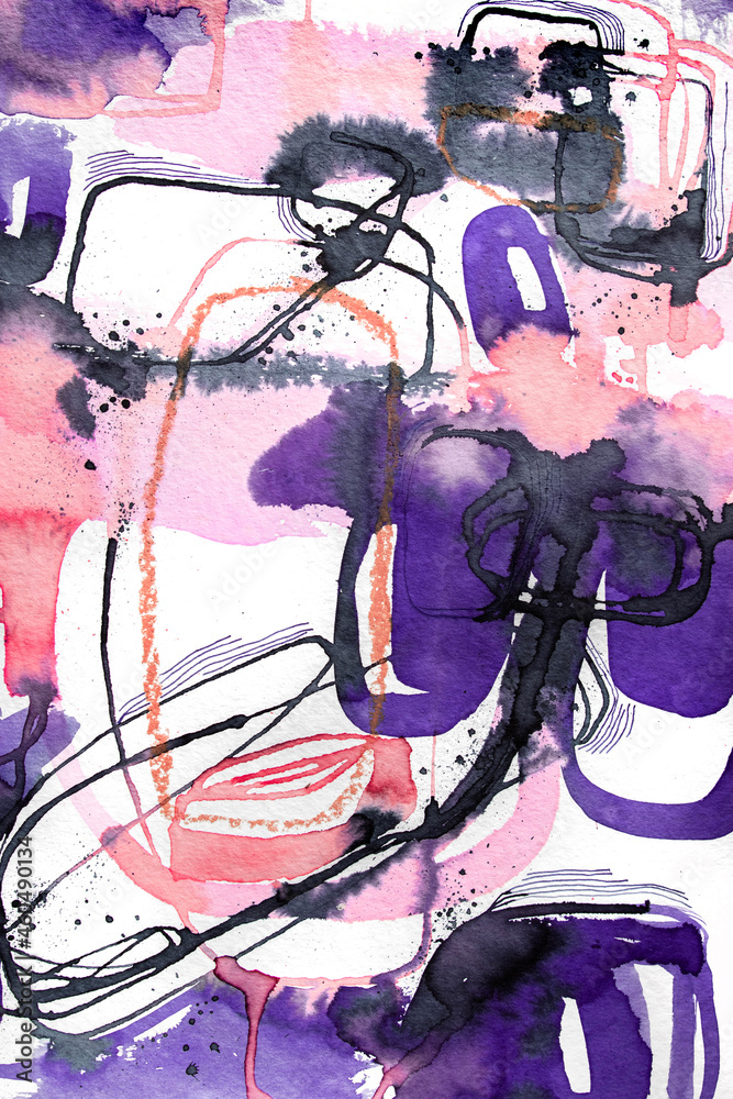 Abstract And Dynamic Mixed Media Painting In Peach, Pink, Dark Purple & Black
