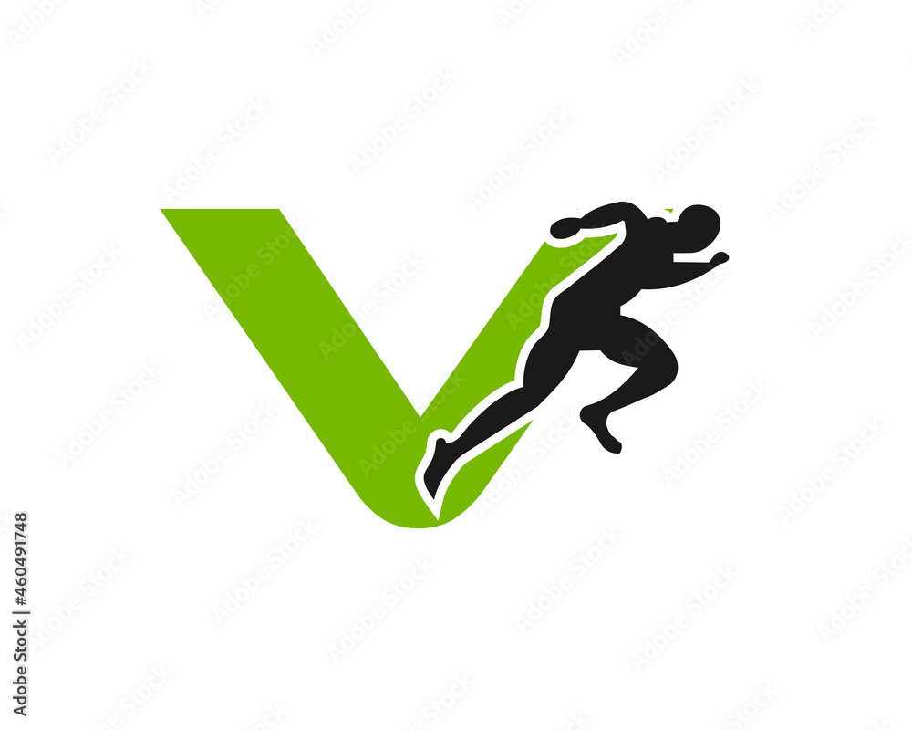 Sport Running Man Front View On Letter V Logo. Running man Silhouette ...