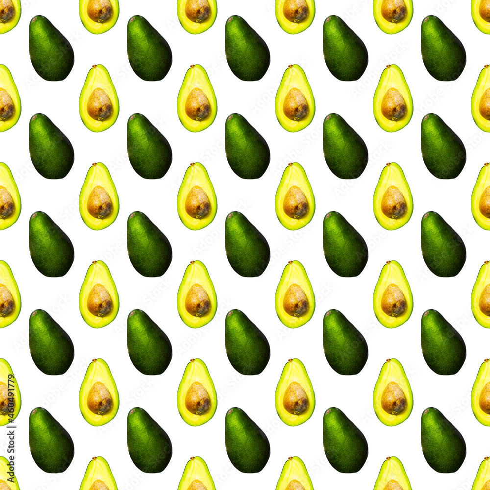 Seamless Pattern of Halves of Ripe Avocado on white background, Healthy oily food, Keto diet Seamless Pattern of Halves of Ripe Avocado on white background, Healthy oily food, Keto diet