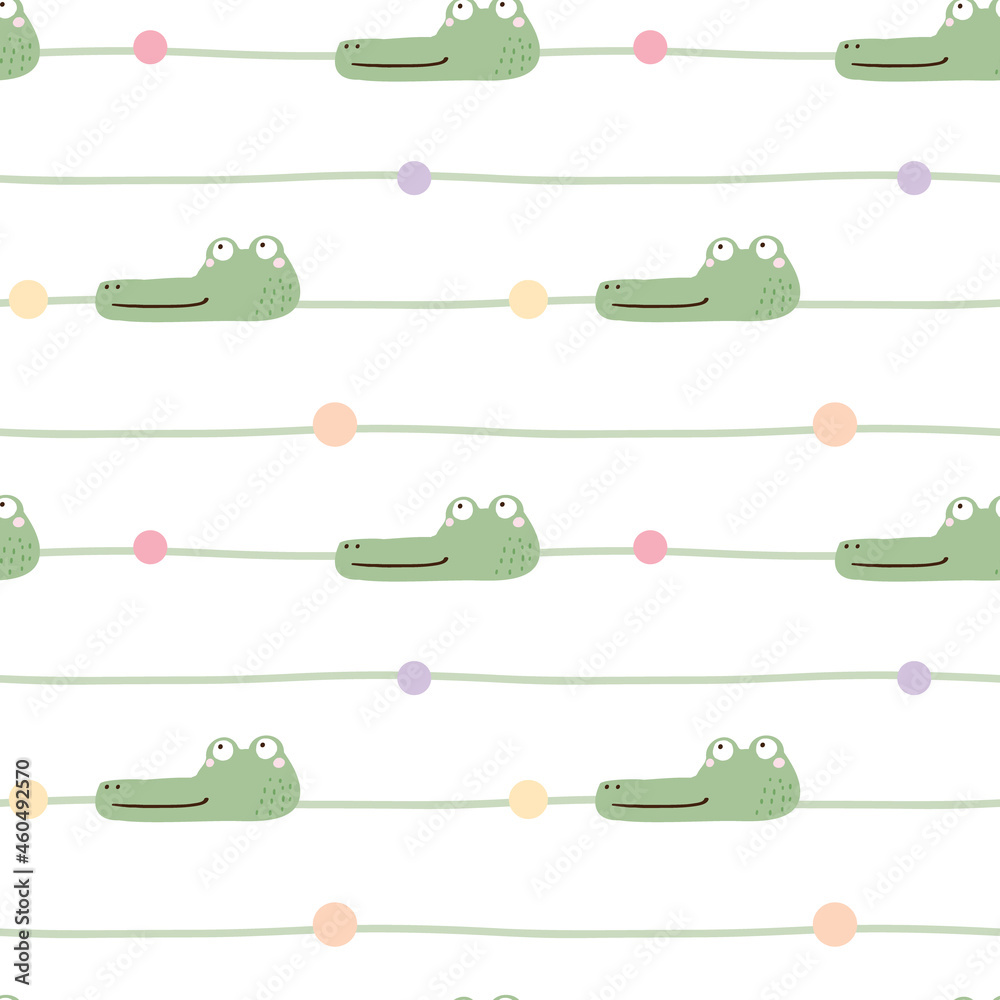 Seamless Pattern with Crocodile Face and Line Design on White Background