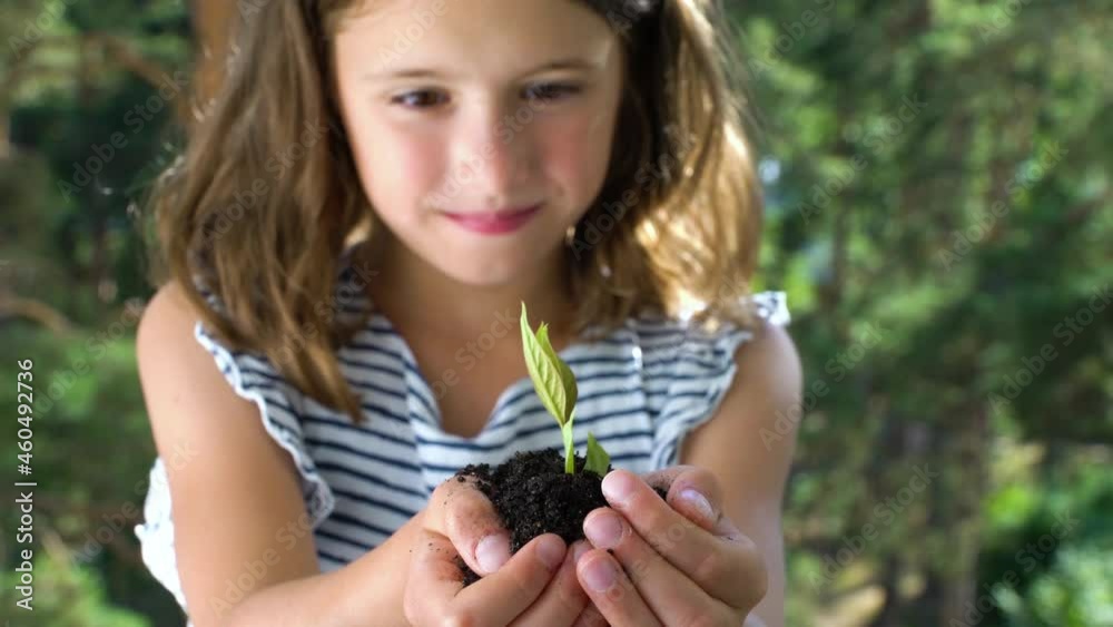 Tree sprout growing from hands of little girl on the forest background. Tree sprout growing from hands of little girl on the forest background.