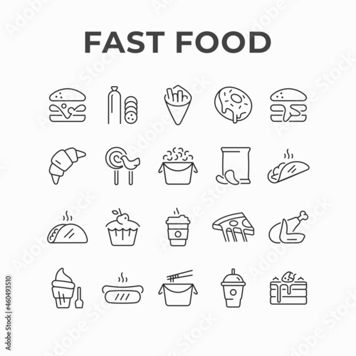 Fast food meals and drinks icon design. Unhealthy food products restaurant vector icons. Junk food menu, dish, lunch including burger, french fries, pizza, sweets