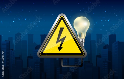 Vector illustration. Power outage banner. Night city. Light bulb.