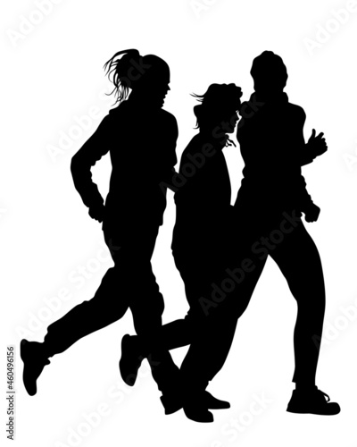 Young athletes run a marathon. Isolated silhouettes on white background