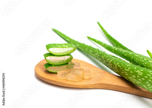 Sliced ​​fresh green aloe leaves in a wooden spoon isolated on white background. Skincare concept health and beauty spa
 photo