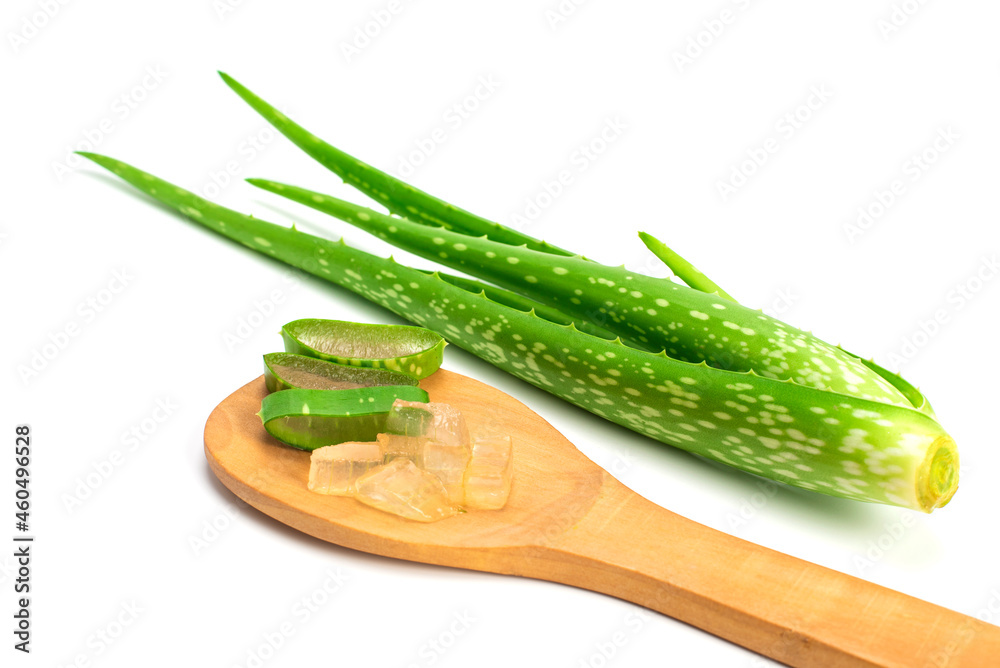 Sliced fresh green aloe leaves in a wooden spoon isolated on white background. Skincare concept health and beauty spa
Sliced fresh green aloe leaves in a wooden spoon isolated on white background. Skincare concept health and beauty spa