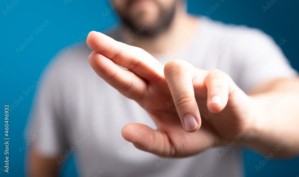 Obraz premium Businessman pointing or touching finger in screen..