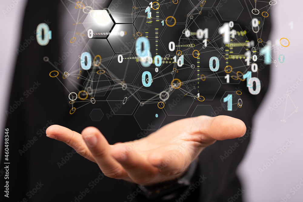 Abstract network of physical devices on the Internet using a network connection with statistics numbers 3d illustration