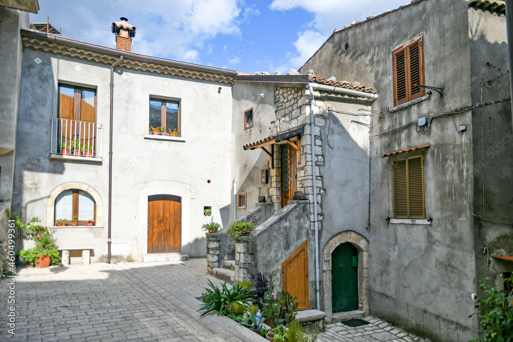 The facade of old houses in Cusano Mutri, a medieval town of Benevento province, Italy.