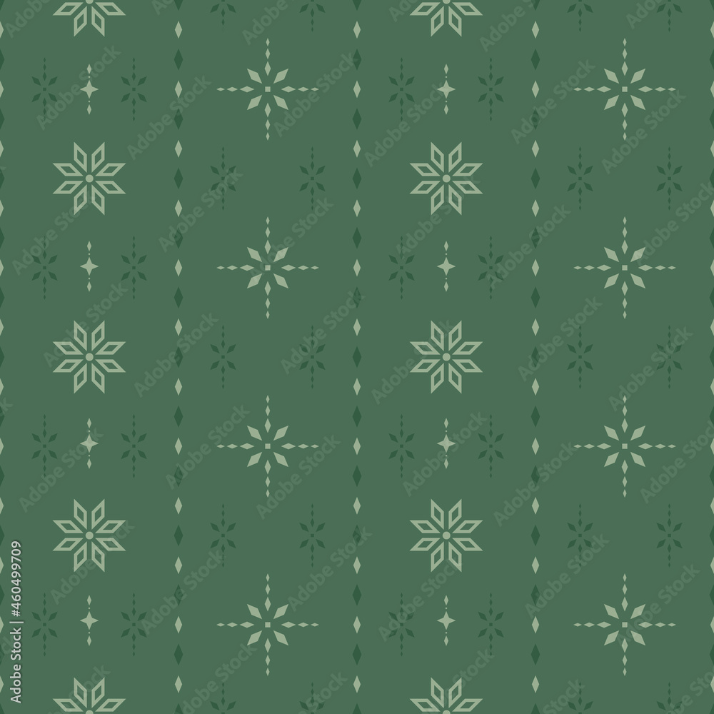 Vector winter seamless pattern with rhombuses and stylized snowflakes. Green geometric background with snow in scandinavian style for fabric, wrapping paper, packaging and wallpaper