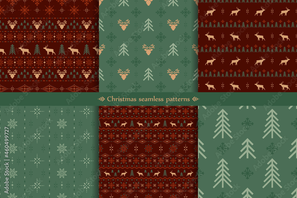 Vector classic christmas seamless patterns set with stylized reindeers ...