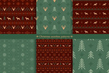 Vector classic christmas seamless patterns set with stylized reindeers, spruces and snowflakes. Collection of red and green traditional ornate geometric backgrounds in scandinavian style