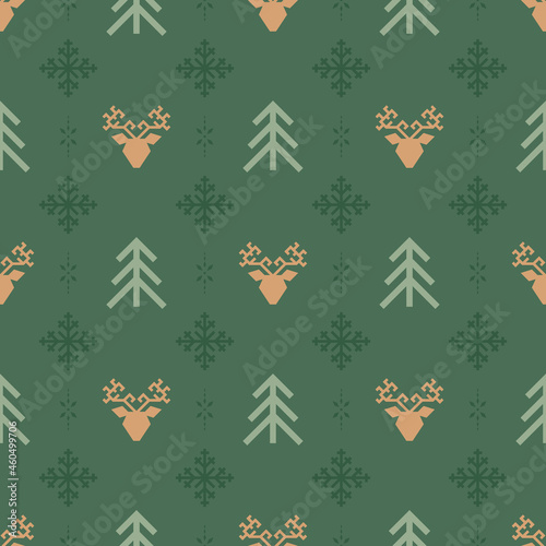 Vector classic christmas seamless pattern with stylized reindeer heads, spruces and snowflakes. Green geometric background in scandinavian style for fabric, wrapping paper, packaging and wallpaper